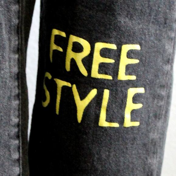 Shein High Rise Slogan Graphic Distressed Black Jean Size L - Picture 10 of 13